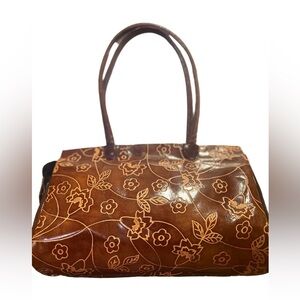 Oriental Orion Purse Handbag Shoulder Tote Genuine Leather Brown Embossed Floral